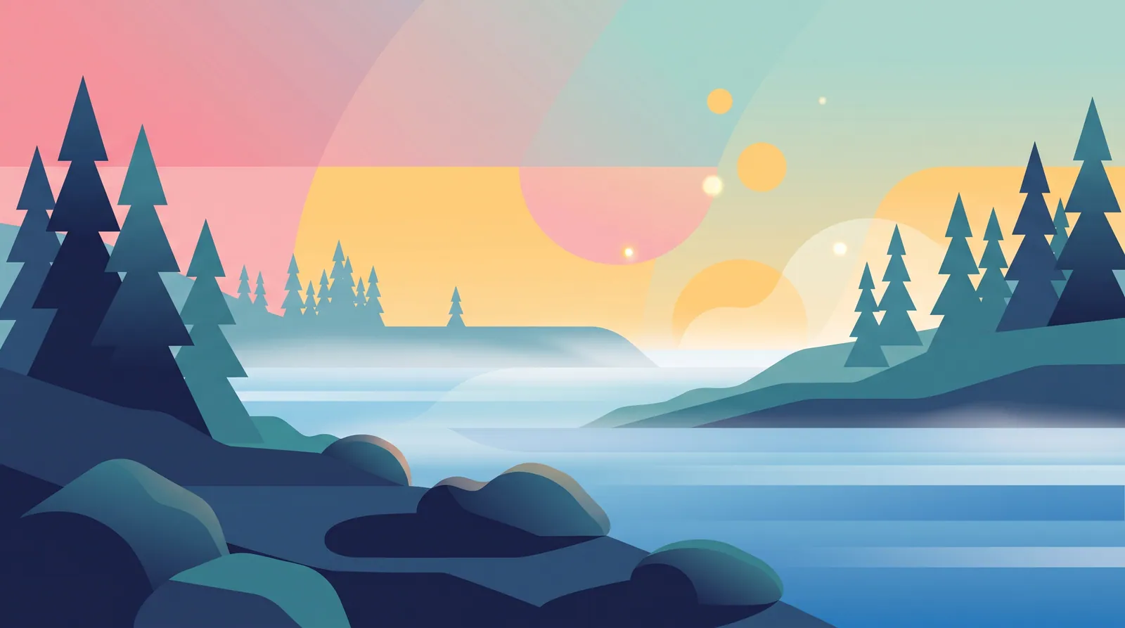 Calm river at dawn with rocks, pines and mist