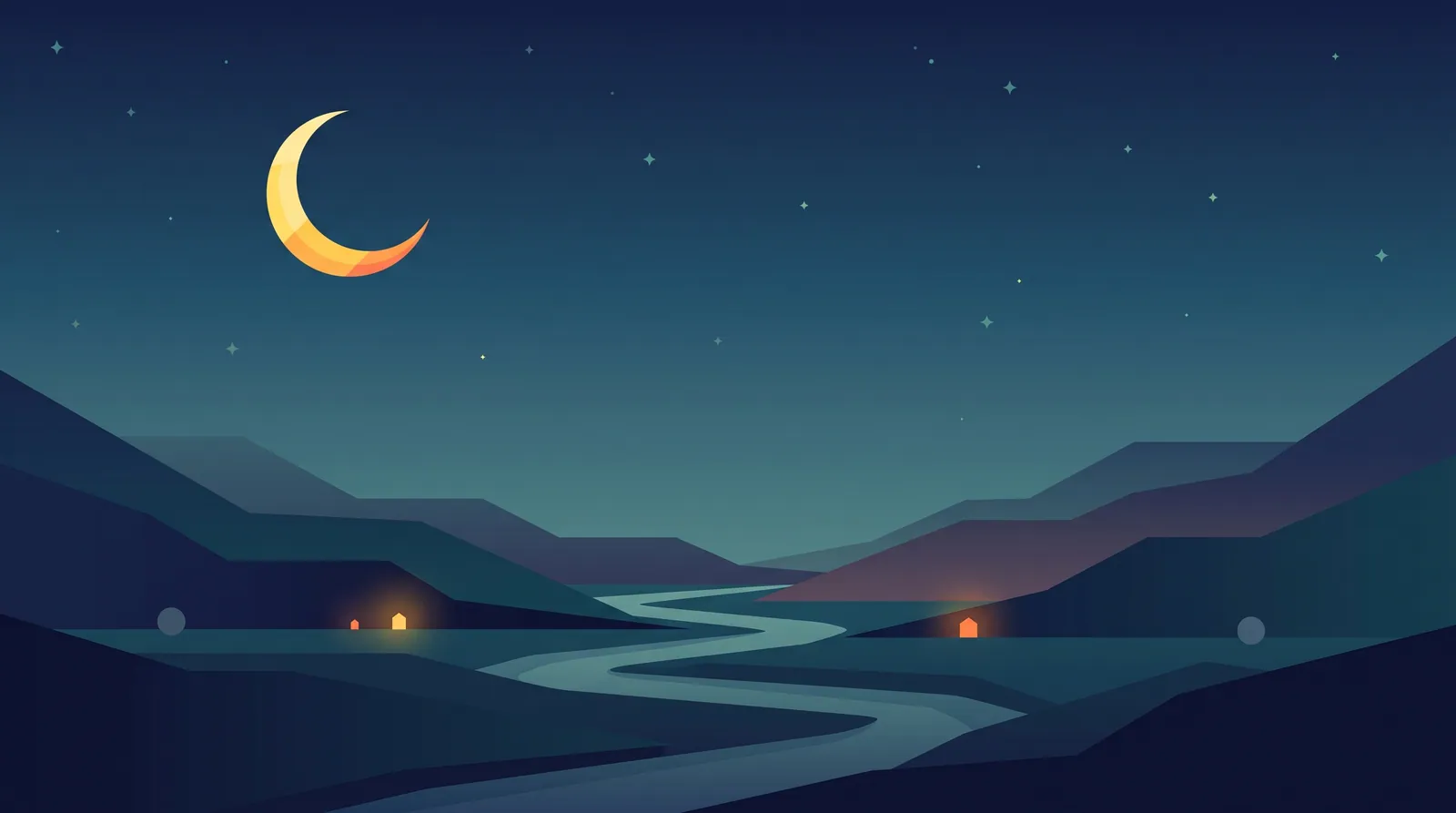 Crescent moon over a river valley at night
