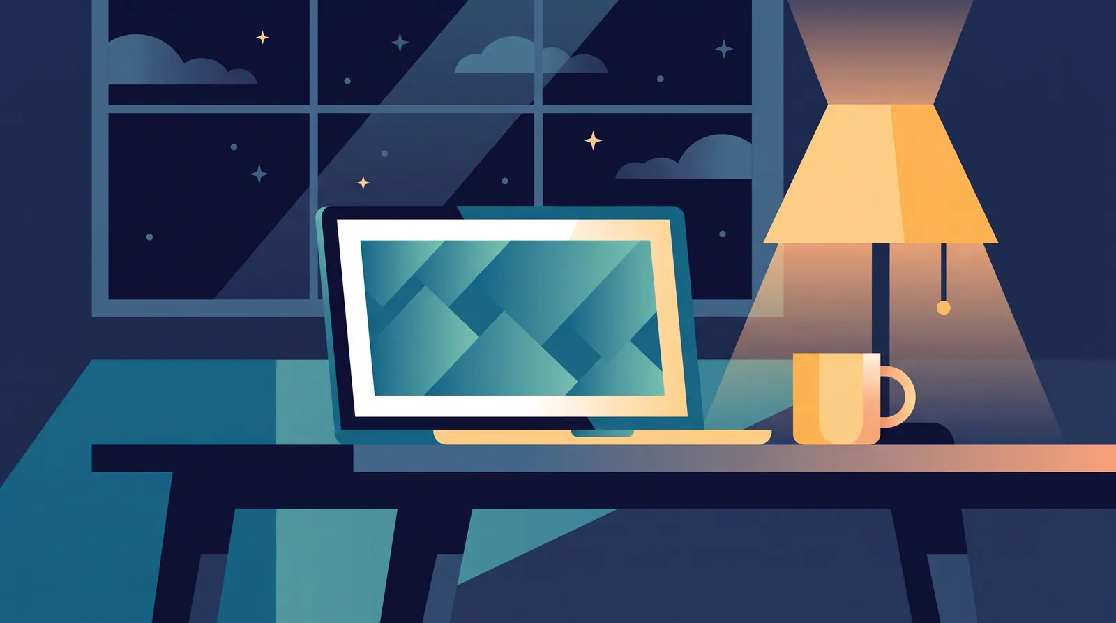 Laptop on a kitchen table at night beside a lamp