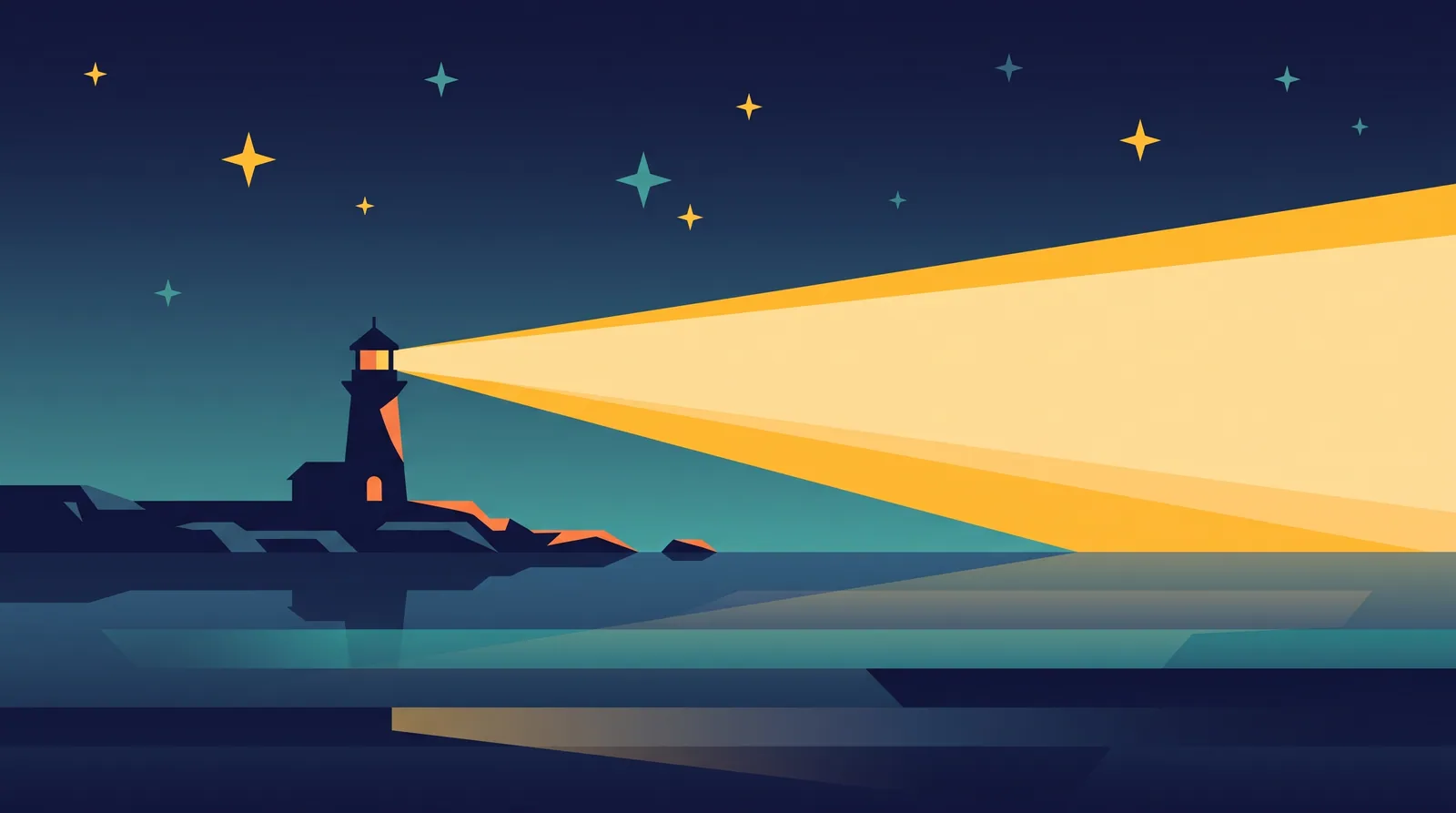 Small lighthouse on a rocky point at night