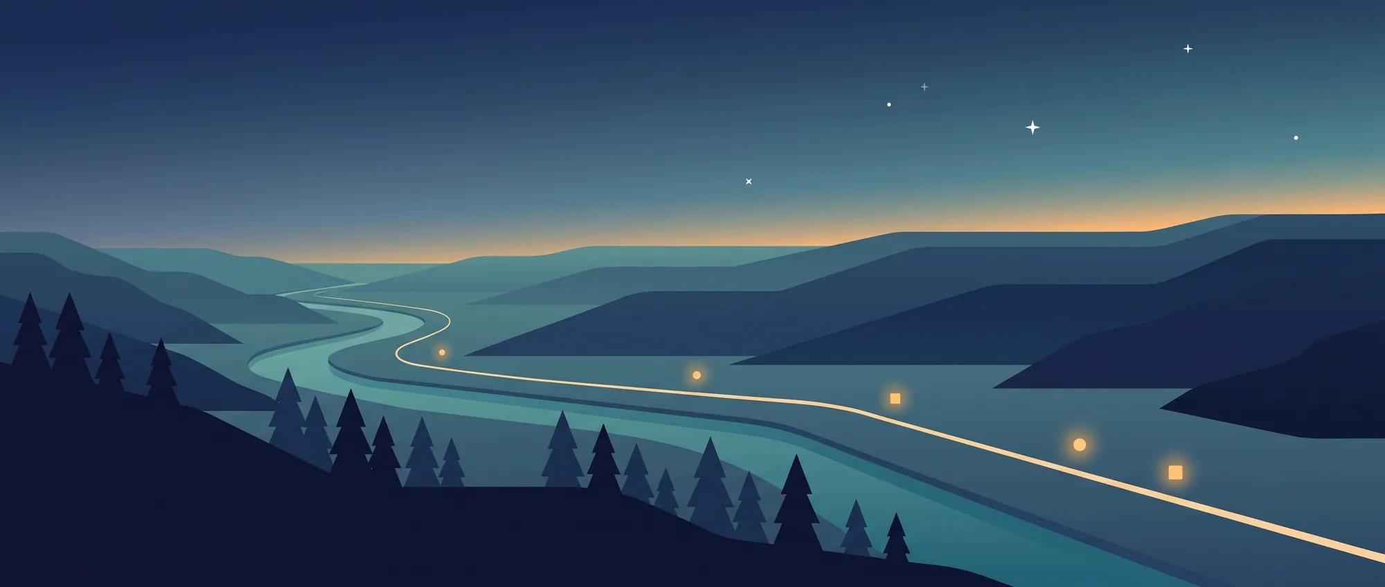 River valley at blue hour with a few warm lights