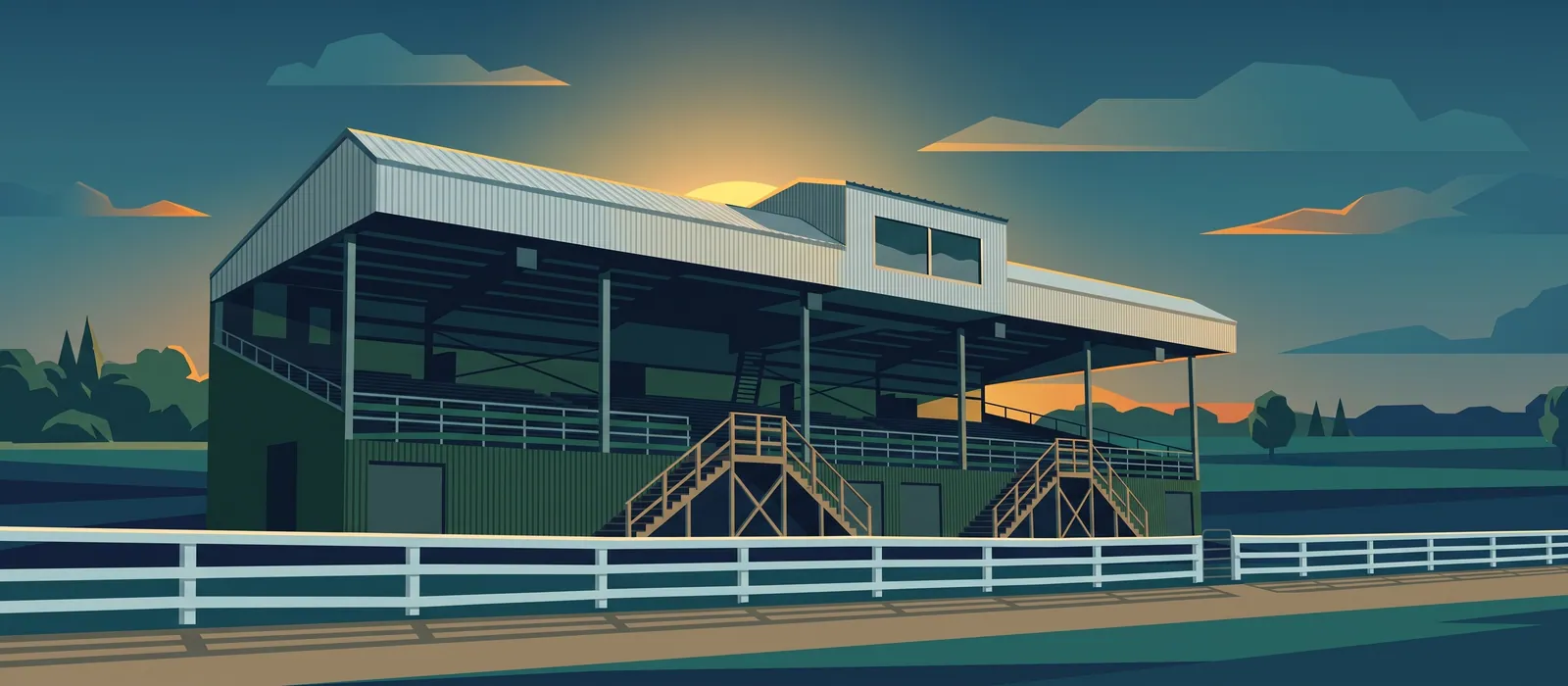 Connell Park Raceway grandstand at sunset