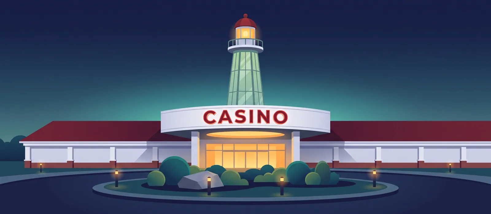 Casino New Brunswick entrance and lighthouse at dusk