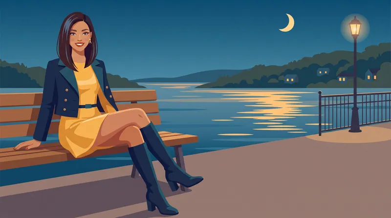 Woman on a riverside bench late in the evening