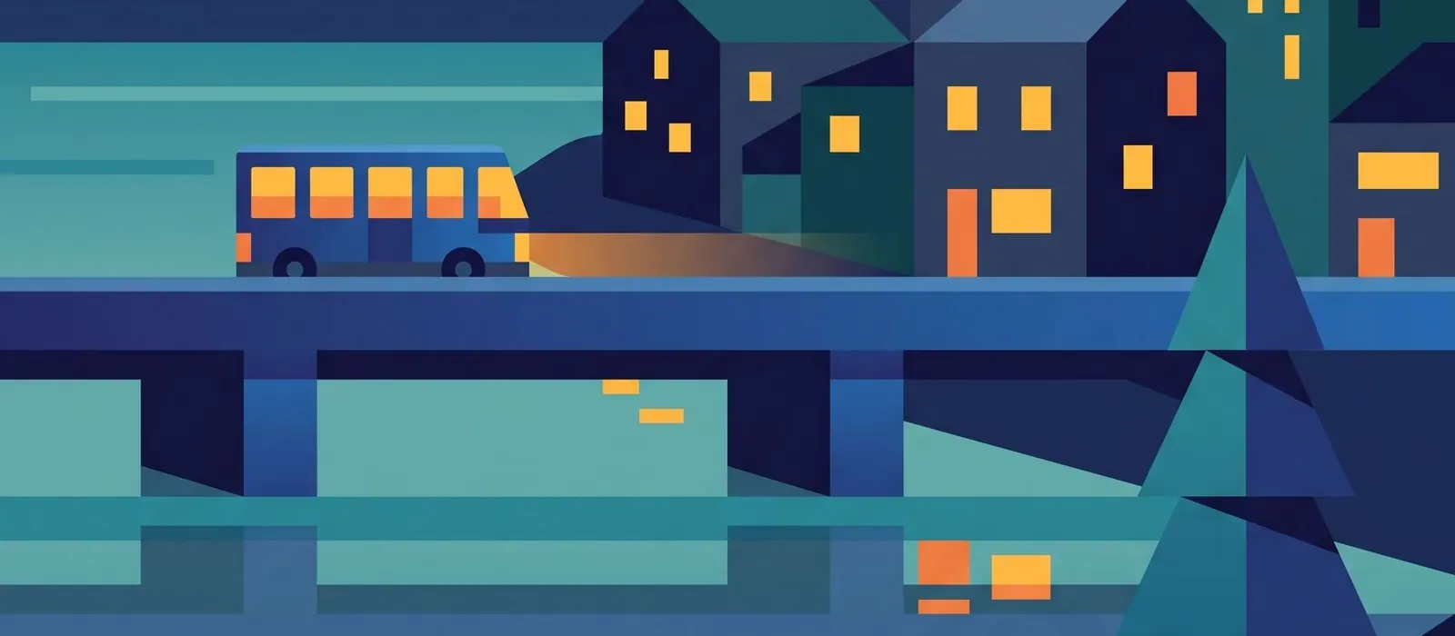 Shuttle bus crossing a river bridge into town at night